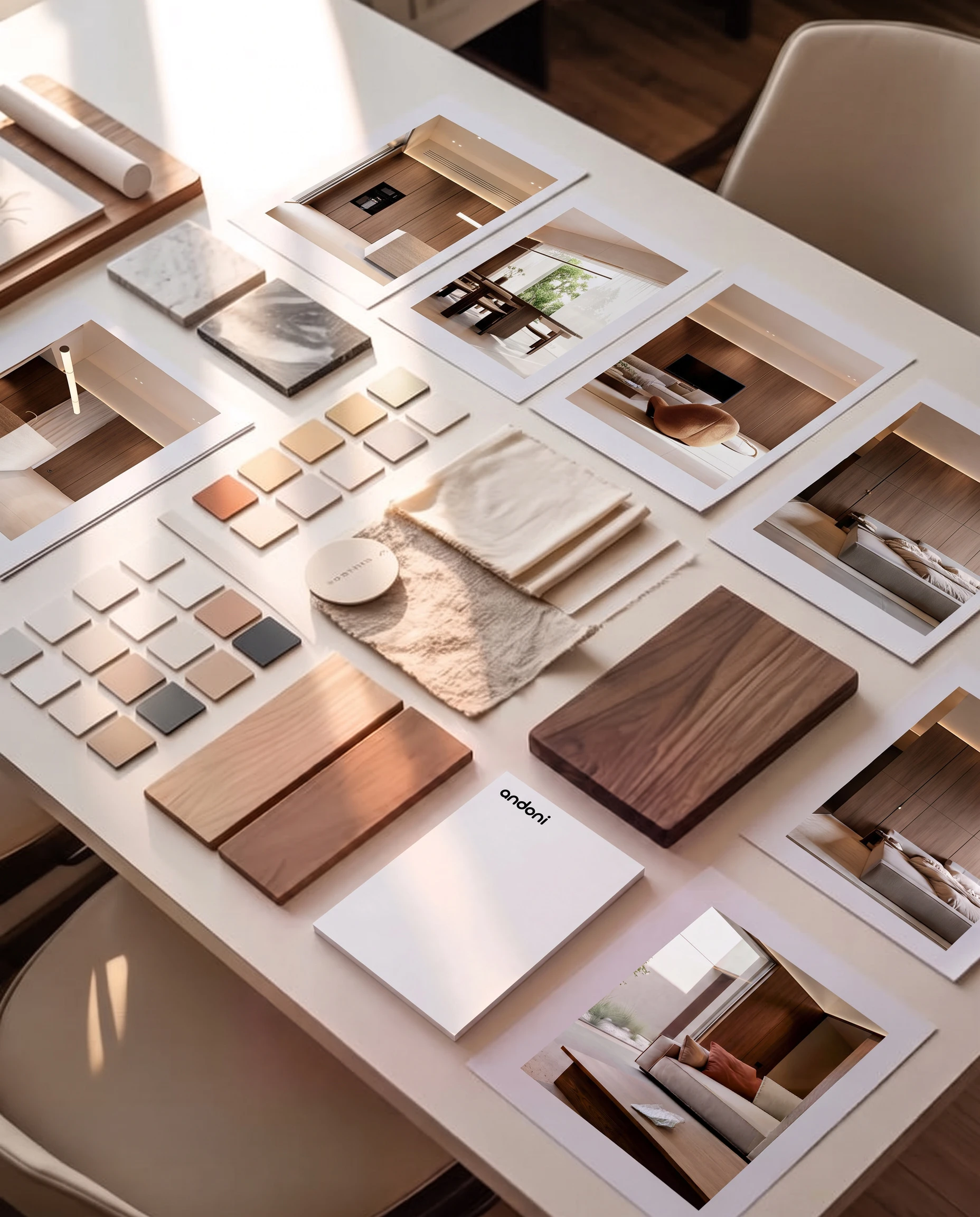 Material and colour palette for an Andoni interior